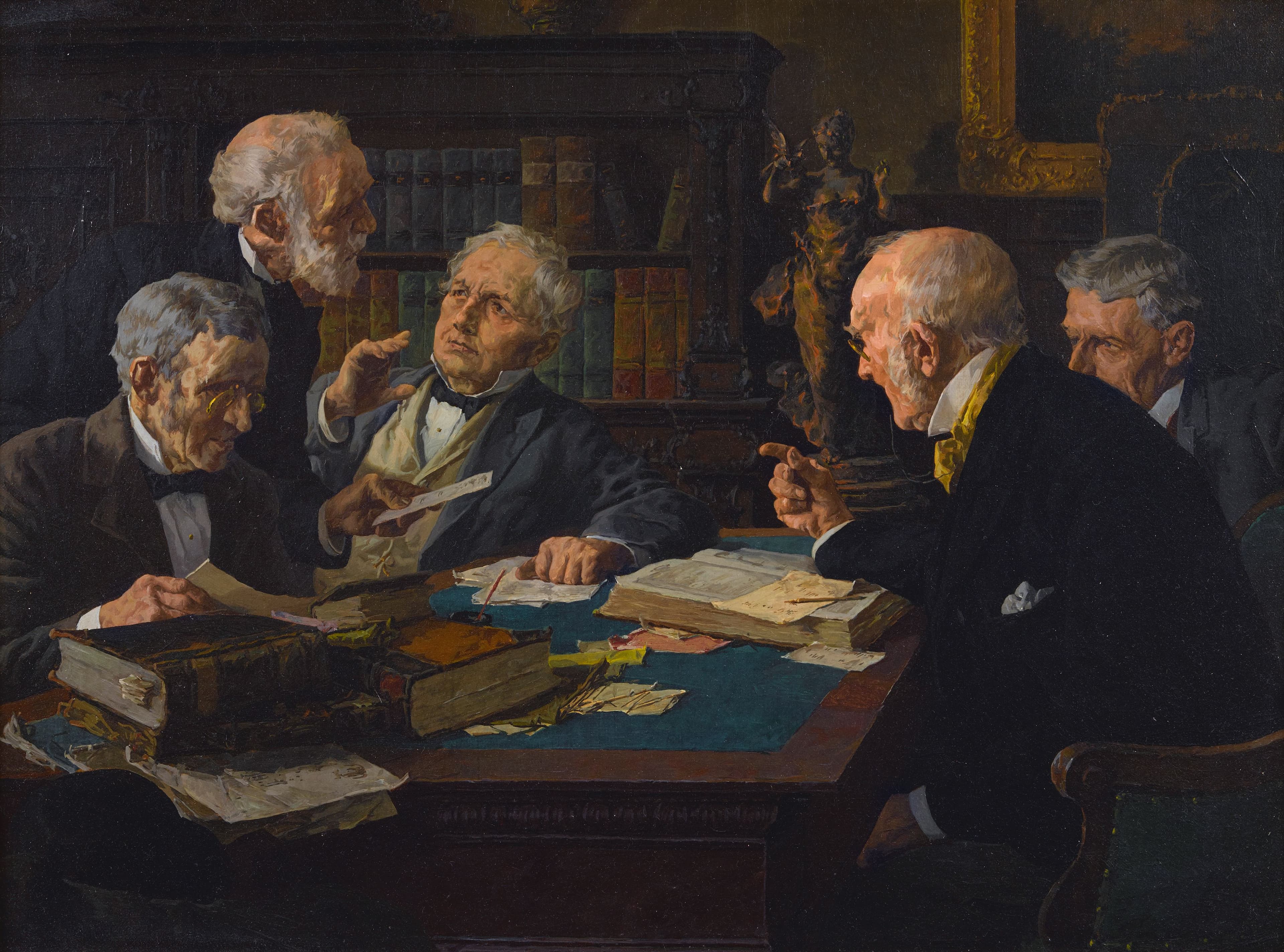 Louis Charles Moeller, A Heated Debate: cinque uomini intorno a un tavolo, immersi in una discussione intensa su documenti e libri.